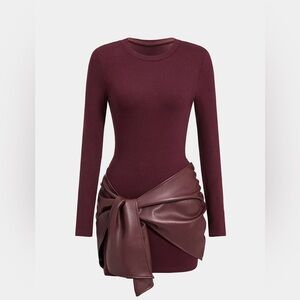 Micas Elegant Burgundy Dress with Faux Leather Accent Large